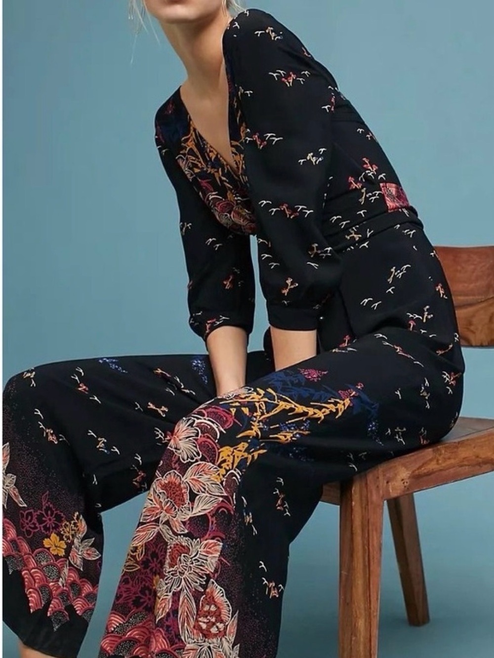 Anthro feather bone black Floral Wide-Leg Jumpsuit 0 fits 2 Perfect